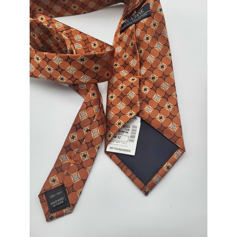 JOS A BANK Men's Geometric Print Rust Orange Blue Neck Tie 100% Silk NWT - Picture 3 of 6